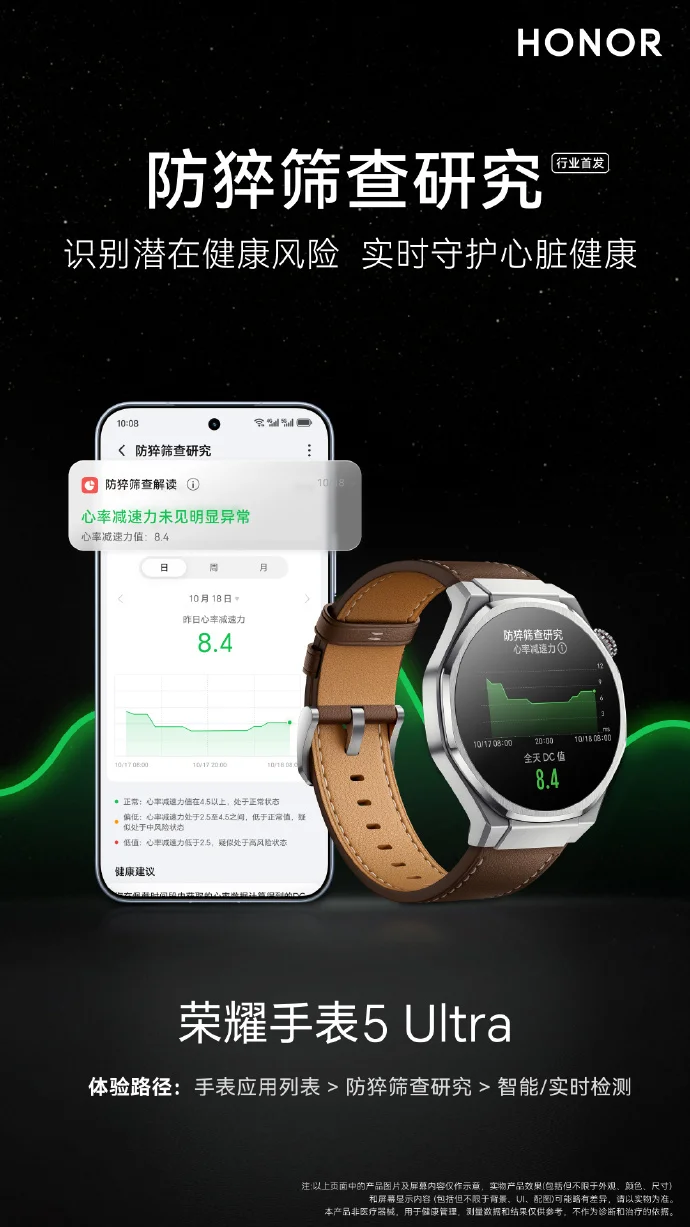 荣耀手表5 Ultra将行业首发&ldquo;防猝筛查研究&rdquo;